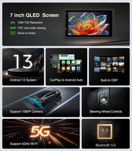 Vista 2 de Estéreo de coche de doble DIN de 7" Android 13.0 CarPlay y Android Auto Salidas de 240 W, 4.1 canales / actualización de pantalla QLED / AM & FM