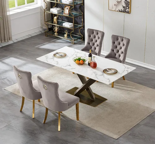 Vista 2 de Juego de mesa de comedor de mármol blanco de lujo para 4, 70 pulgadas, mesa de comedor de mármol blanco con 4 sillas de terciopelo gris y base