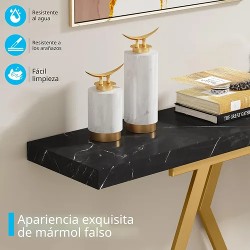 Vista 6 de Tribesigns - Mesa de sofá extra larga de 70.9 pulgadas. Mesa consola en negro y dorado con superficie de mármol sintético, mesa larga moderna