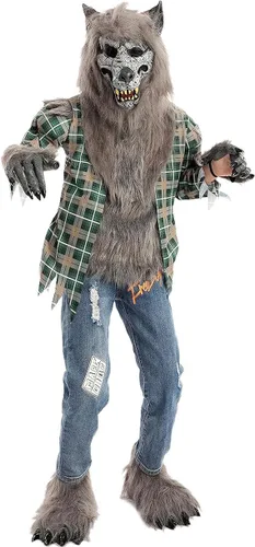 Vista 6 de Disfraz unisex de hombre lobo verde con máscara, guantes y funda de zapatos
