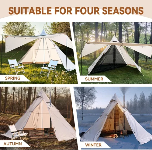 Vista 7 de Hot Tent with Stove Jack, 4 Season 3-4 Person Tipi Tent for Camping, 8.2ft Standing Room with Snow Skirt, Cold Weather Shelter for Family Fishing