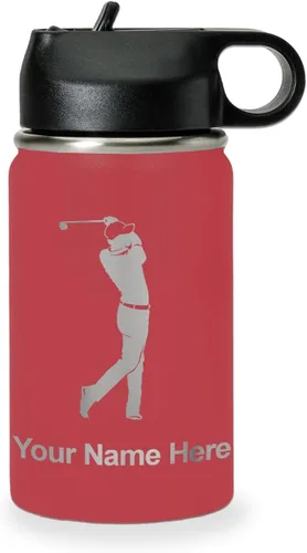 Vista 27 de LaserGram Botella de agua personalizada, golfista de golf, acero inoxidable de doble pared aislada al vacío con popote superior, regalo grabado Negro