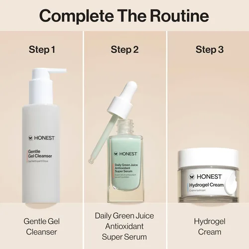 Vista 2 de Honest Beauty Trío hidratante diario Limpiador de gel suave, suero antioxidante de jugo verde, crema de hidrogel Rutina de 3 pasos Vegano +