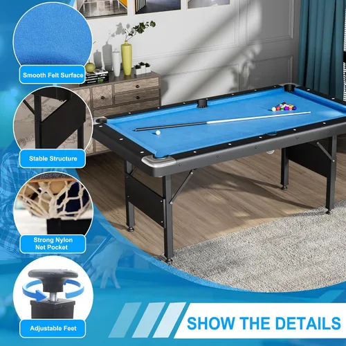 Vista 4 de Mesa de billar 3 en 1, mesa de billar plegable de 65.75 pulgadas con mesa de ping pong y parte superior de comedor, mesa de juego múltiple incluye