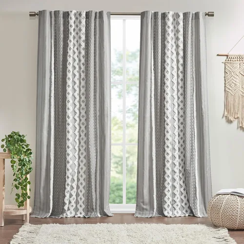 Vista 15 de INK+IVY Cortinas Boho para Dormitorio PANEL ÚNICO Cortinas de Ventana para Sala de Estar, 100% Algodón con Rayas de Chenilla Copetuda Estilo Granja