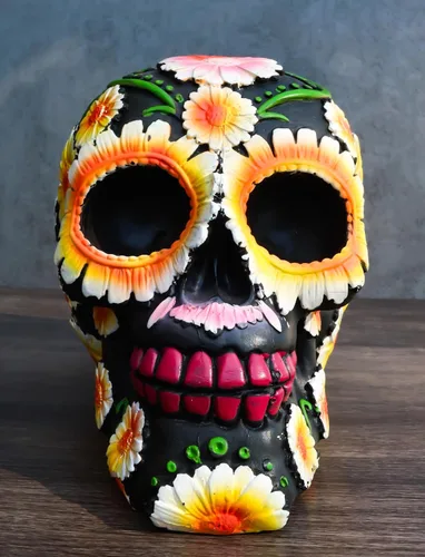 Vista 5 de Ebros Gift Figura negra del Día de los Muertos metálicos coloridos girasoles brillantes, flores florales, calavera de azúcar, estatua de calaveras