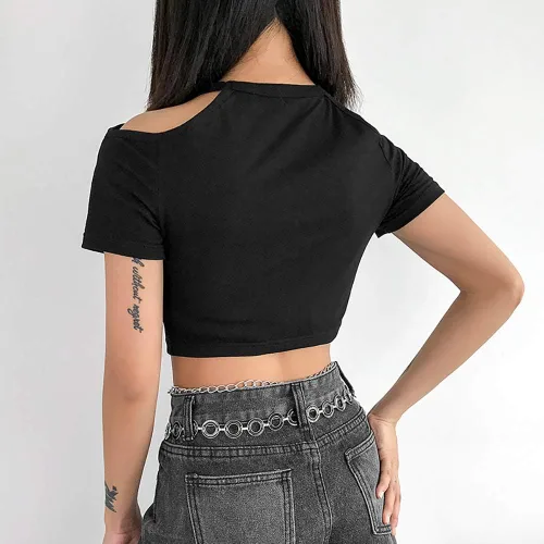 Vista 3 de Women Punk Gothic T-Shirt Chains Harajuku Black Crop Top