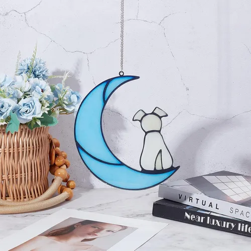 Vista 4 de GORGECRAFT Atrapasoles colgantes para ventana de perro y luna, adorno colgante para ventana, decoración del hogar, jardín, regalos para amantes