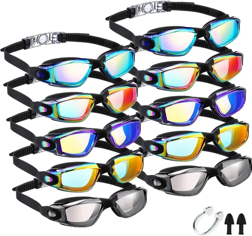 Vista 14 de Konohan Paquete de 10 gafas de natación a granel para niños y adultos, gafas de piscina antivaho de silicona sin fugas, gafas de natación