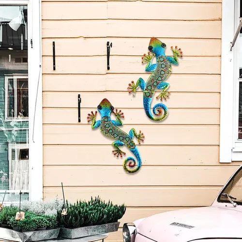 Vista 8 de HONGLAND 2 piezas de metal Gecko decoración de pared lagarto jardín arte escultura de vidrio colgante para valla de patio interior y exterior