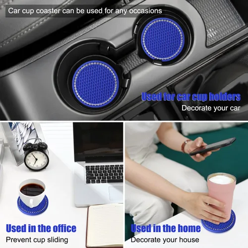 Vista 7 de OUZORP Paquete de 2 posavasos azules para automóvil con botón de arranque y anillo brillante, 1 paquete Posavasos antideslizantes para portavasos