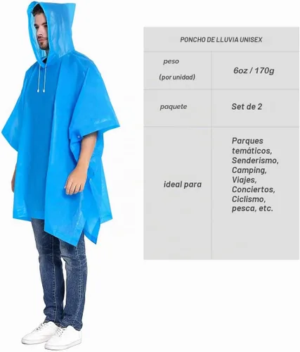 Vista 4 de Ponchos de lluvia para adultos, impermeable, portátil, reutilizable, paquete de 2 con capucha con cordón, se mantiene seco con estilo Azul
