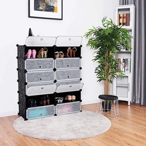Vista 6 de HAPPYGRILL Organizador de zapatos, armario modular de plástico de 12 cubos con estantes de zapatos de 6 niveles y puertas transparentes, diseño