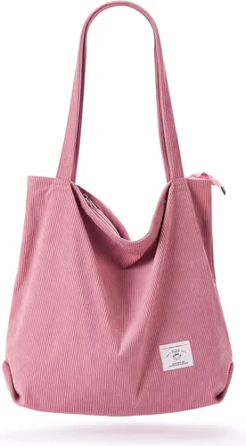 Vista 19 de KALIDI Bolsa Tote de Pana para Mujer con Cremallera Bolsa de Mano Casual Tote Bolsa de Hombro de Gran Capacidad con Bolsillos 1 negro y 1 blanco.