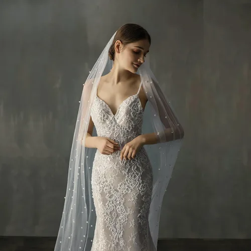 Vista 6 de AMBRE ADELE Cathedral Bridal Long Tulle Veil With Pearl, Wedding Veil for Brides