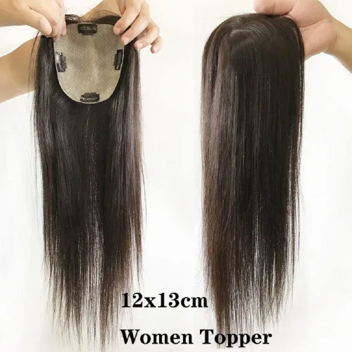Vista 2 de Parte superior de cabello humano con base de seda larga con clip de 5 x 5 pulgadas, extensiones de cabello lacio virgen 100% real, 4.7 x 5.1 in