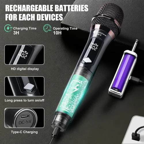 Vista 5 de Micrófonos inalámbricos - Micrófono de karaoke para cantar - Micrófono inalámbrico recargable con receptor de doble canal - Rango de 240 pies