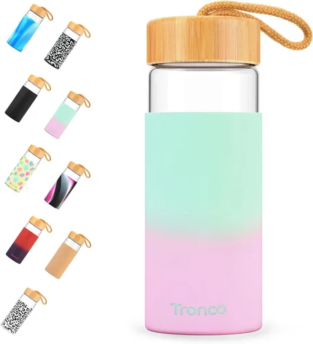 Vista 18 de Tronco Botellas de agua de vidrio de 20 onzas con tapas, botellas de vidrio de borosilicato reutilizables con tapa de bambú y funda de silicona