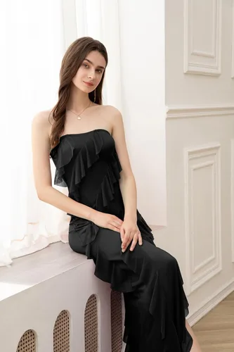 Vista 3 de Velius Vestido de fiesta sexy con hombros descubiertos para mujer, sin tirantes, con borlas, dobladillo con volantes, dividido