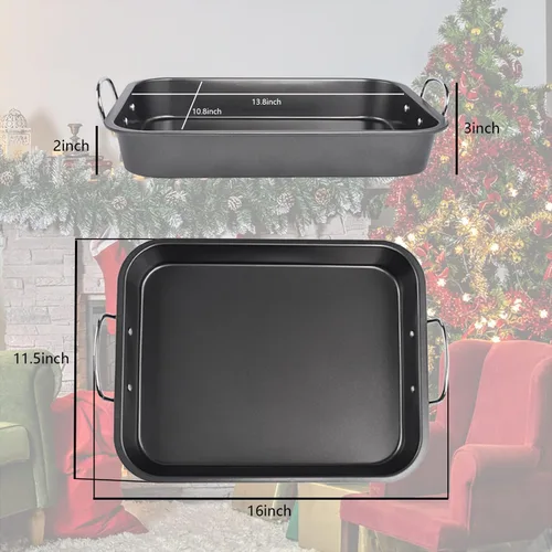 Vista 2 de Kitcom - Sartén para asar antiadherente con estante, juego de asador rectangular de 16 pulgadas x 11.5 pulgadas para asar pavo, pollo, carne