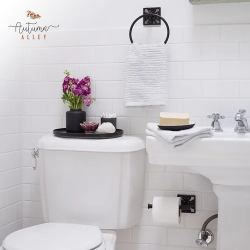 Vista 2 de Autumn Alley Juego de papel higiénico y toallero de baño, accesorios de baño modernos para montaje en pared, accesorios negros, 2 piezas, soporte