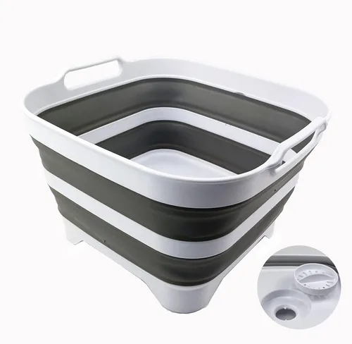 Vista 4 de SAMMART Tina de lavado de plástico plegable de 10 L (2.6 galones) con tapón de drenaje, bandeja plegable - Tina de lavado portátil / lavabo