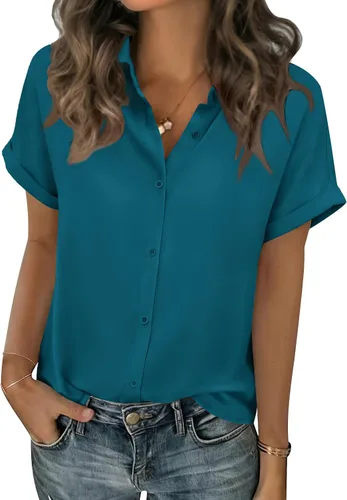 Vista 8 de Zeagoo Blusas de verano de manga corta para mujer, camisas casuales con botones, blusas de trabajo de negocios sólidas/a rayas