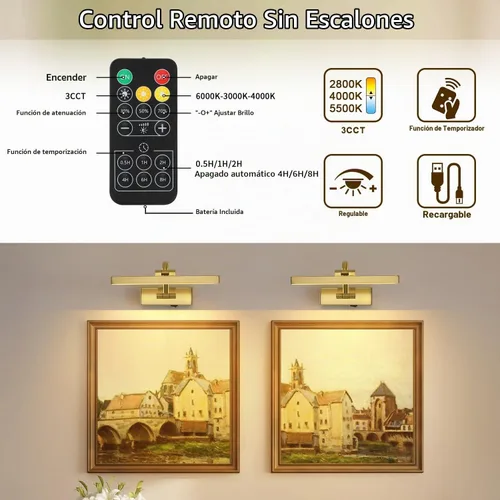 Vista 6 de DESOOP Luces de imagen para pared, funciona con pilas, iluminación artística de latón inalámbrica para pinturas, luces recargables de galería