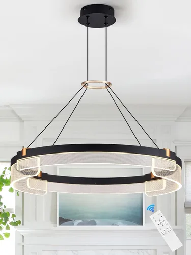 Vista 10 de Benkut Lámpara colgante LED moderna D24 pulgadas, color negro dorado, lámpara LED circular regulable, 1 anillo con control remoto, luz colgante