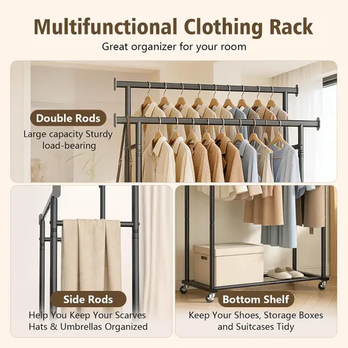 Vista 2 de Perchero de ropa con ruedas para colgar ropa, perchero resistente para ropa portátil, estante de metal para dormitorio, lavandería, sala de estar