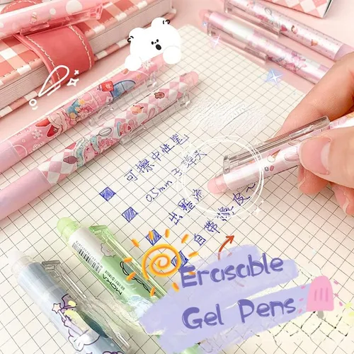 Vista 4 de 6 bolígrafos kawaii borrables con borradores, bonitos bolígrafos de gel con estampado de dibujos animados kawaii de 0.020 in, bolígrafos de tinta