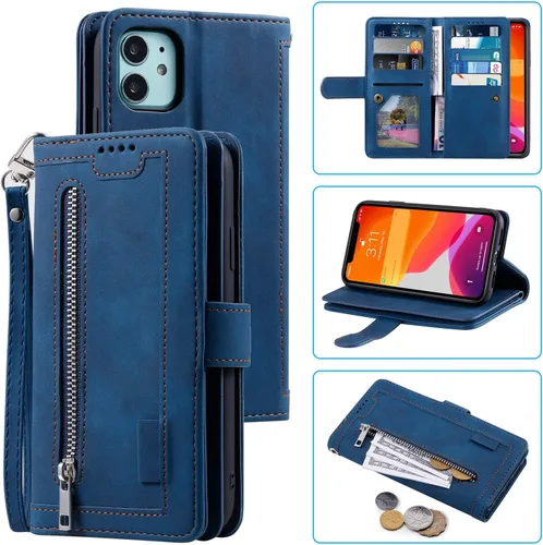Vista 14 de UEEBAI Funda tipo cartera para iPhone 11 de 6.1 pulgadas, 9 ranuras para tarjetas retro con bolsillo con cremallera, cierre magnético, función atril