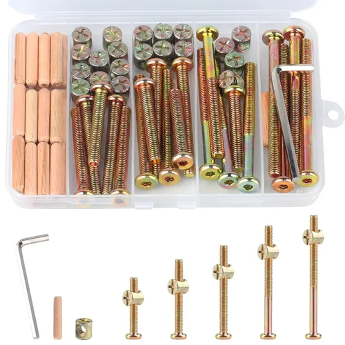 Vista 9 de Kit de Repuesto de 16 Piezas para Cuna, Pernos y Tuercas de Barril y Clavijas de Madera, Tornillos de Cabeza Hexagonal con Casquillo para Cabeceros