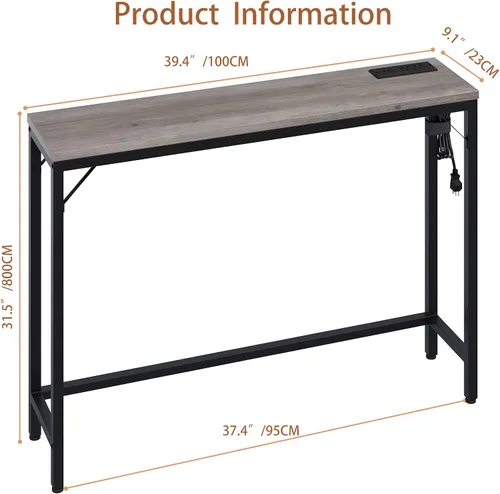 Vista 3 de GAOMON Mesa consola con tomas de corriente y puertos USB, mesa de sofá estrecha con estación de carga, mesa de entrada industrial de 39.3 pulgadas