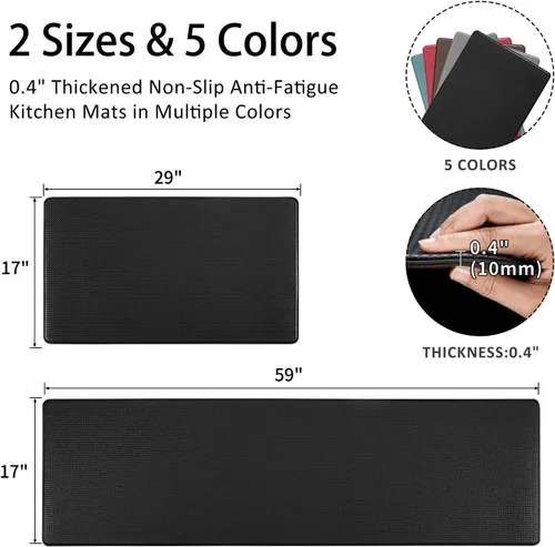 Vista 2 de Juego de 2 tapetes y tapetes de cocina, acolchados antifatiga, para suelo, lavables 17 x 29 pulgadas + 17 x 59 pulgadas, color negro