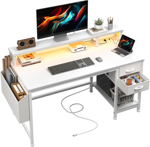Vista 12 de DurayLoly Escritorio para juegos de 40 pulgadas con cajones y bolsa de almacenamiento, escritorio para computadora con tomas de corriente y luces