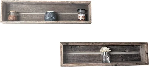 Vista 3 de Caja de sombra de madera reciclada con respaldo de madera, estilo rústico de granero, estantes flotantes, juego de 3 (rojo granero, cuadrado)