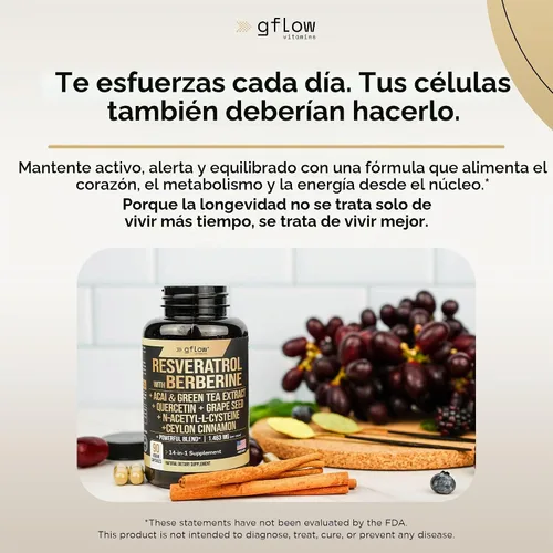 Vista 5 de gflow vitamins Suplemento de Resveratrol con Berberina, Extracto de Té Verde, Canela de Ceilán, Semilla de Uva y Quercetina 1000mg de Quercetina, N