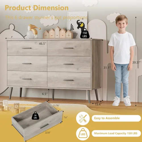 Vista 2 de Cómoda para dormitorio, cómoda de 46.5 pulgadas para armario con 6 Gris madera