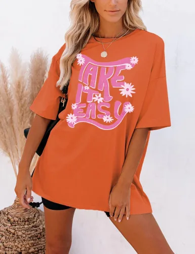 Vista 10 de Aoang Camisetas gráficas de gran tamaño para mujer, cuello redondo, manga corta, blusa