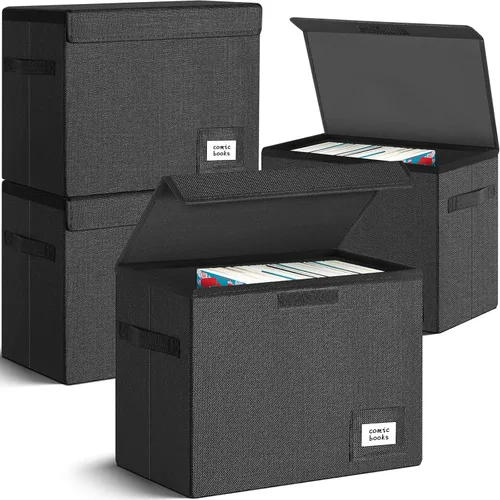 Vista 11 de Leffis Caja de Almacenamiento para Cómics, Caja 39.4 cm X 19.1 cm X 28.7 cm, Caja Corta Plegable con Tapas para 150 Cómics, Contenedor de Cómics