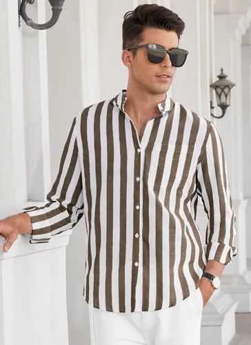 Vista 4 de Camisa casual de lino de manga larga con botones y bolsillos para hombre