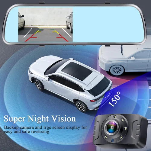Vista 5 de Espejo de cámara de respaldo HD 1080P – Plug and Play, fácil de instalar, visión nocturna a color, espejo retrovisor con cámara de matrícula