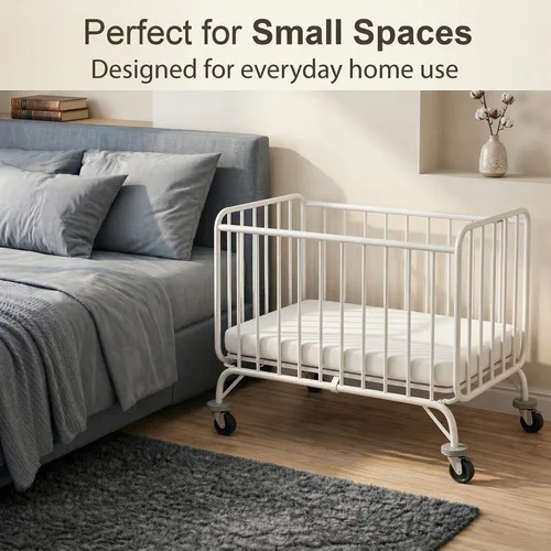 Vista 4 de L.A. Baby Deluxe Holiday Mini/Cuna plegable portátil de metal, color blanco Metal frame, locking caster wheels, tool-free fold, fits standard