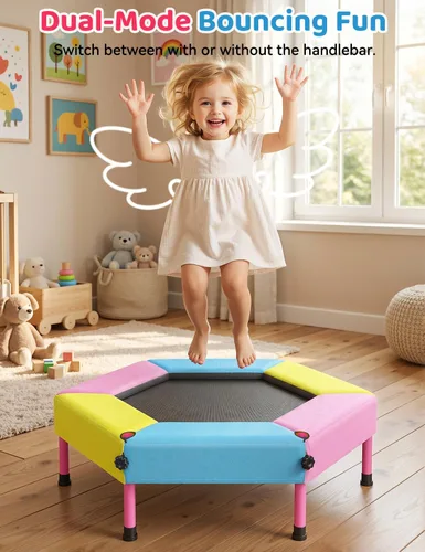 Vista 6 de Twinkoo Trampolín para niños con mango de espuma, marco antiinclinación y cubierta de resorte acolchada gruesa, mini trampolín para interiores
