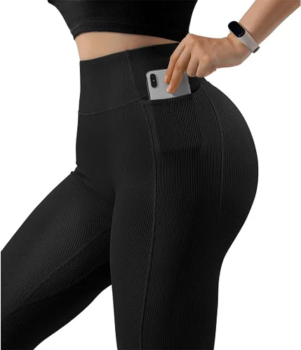 Vista 2 de SUUKSESS - Leggings acanalados de tiro alto y sin costuras para mujer, pantalones deportivos de yoga para gimnasio y entrenamiento