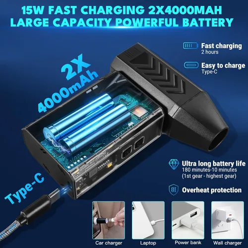Vista 5 de Ventilador Turbo Potente, Mini Plumero Eléctrico de Aire Comprimido y Aspiradora, 130000RPM Soplador de Aire Portátil Recargable Inalámbrico de Mano