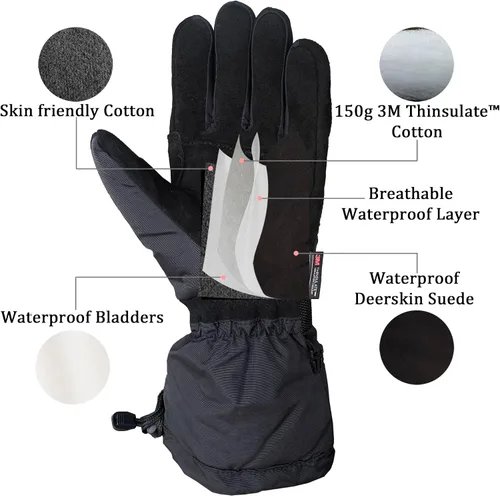 Vista 2 de SKYDEER 100% Waterproof and -40F Cold Proof Genuine Deerskin Suede Leather Ski Gloves for Extreme Cold Condition (SD8650T)