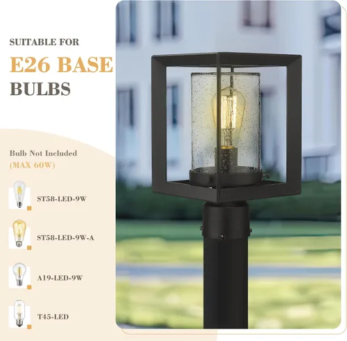 Vista 2 de Emliviar Luces de Poste Accesorio para Exteriores, Farol de Poste de 1 Luz, Acabado Negro, Vidrio Granulado, 2083P BK