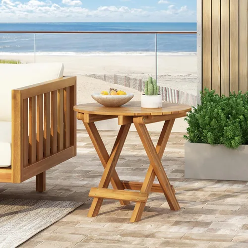 Vista 3 de Mesa auxiliar plegable de 17.75 pulgadas, mesa auxiliar ajustable para sala de estar y exterior, soporte redondo de madera para plantas, sin